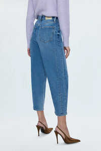 medium wash denim bottoms barrel leg pistola