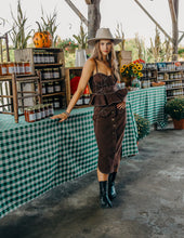 brown denim midi skirt western button up love the label 