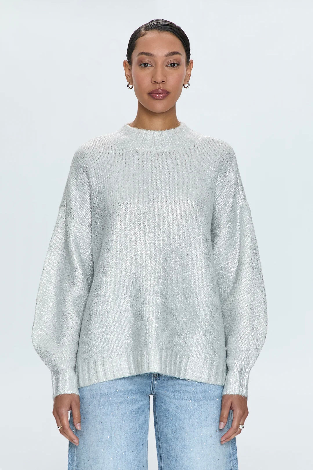 metallic white long sleeve knit sweater pistola