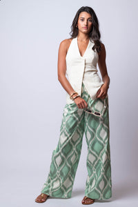 green and crème pattern pants