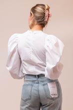 exaggerated puff shoulder cotton poplin top