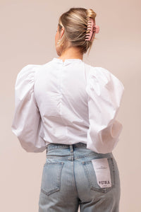 exaggerated puff shoulder cotton poplin top