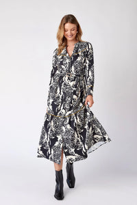 long sleeve animal print v neck midi dress 