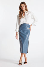 side slit proper blue leather midi skirt 