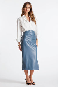 faux leather light blue midi pencil skirt 