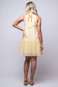 sleeveless striped yellow mini dress