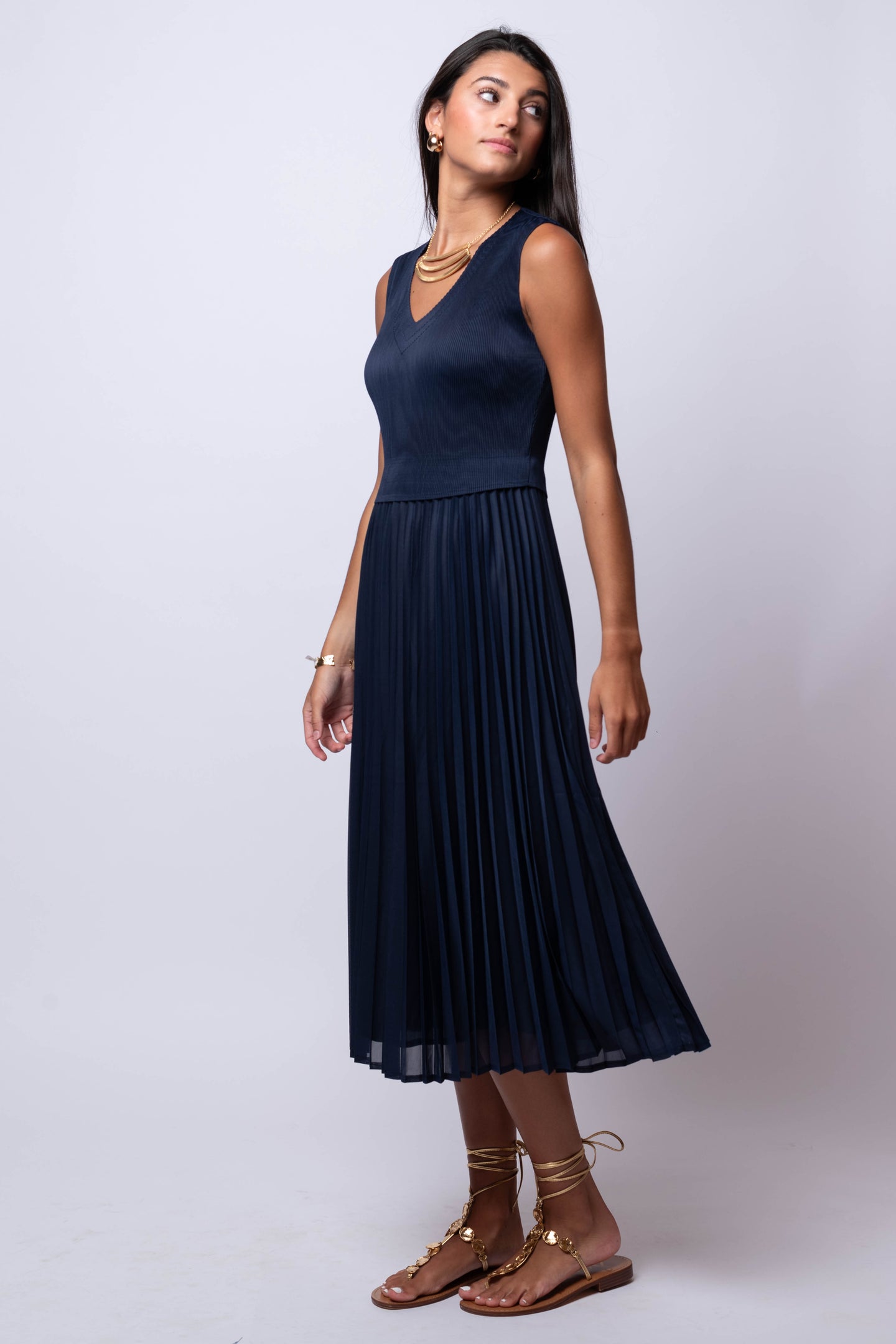 pleated navy midi