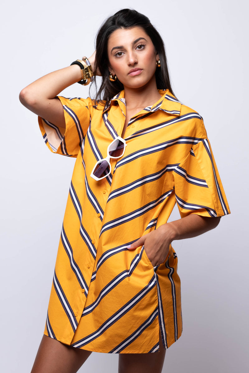 button up mini striped dress blue and yellow 