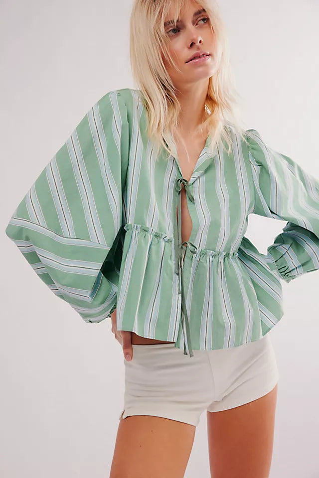 striped puff sleeve tie front blouse free people green