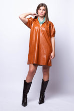 v neck leather mini dress puff sleeve