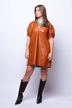 mini length brown leather short sleeve dress