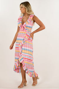 Never a wallflower Ruffle Wrap Midi Dress Spanish plaid 